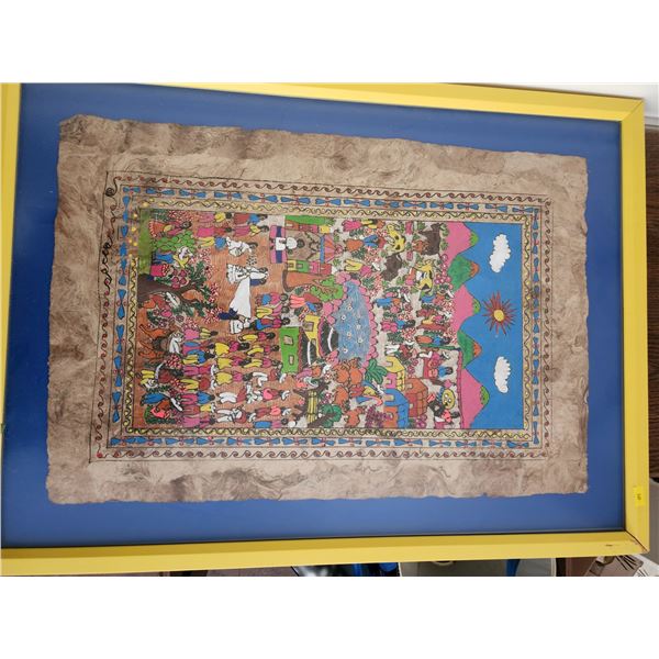 Mexican Folk Art Paint on Canvas Framed in Glass (28"L, 21"W)