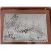 Image 1 : Print of Horse Sled Winter Scene Framed in Glass (28"W, 21"L)