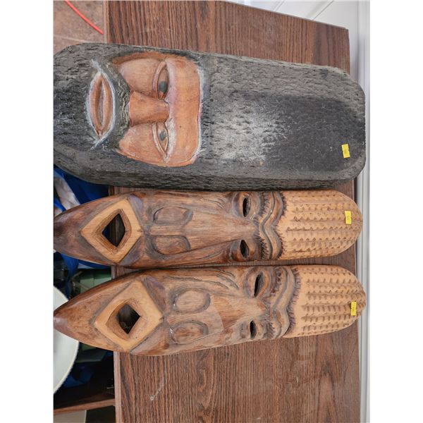 Set of 3 Wooden Masks (20"L) and Bowl