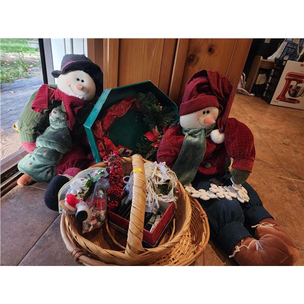 Assorted Christmas Decorations (2 Cloth snowmen, Wreath, Various Ornaments)