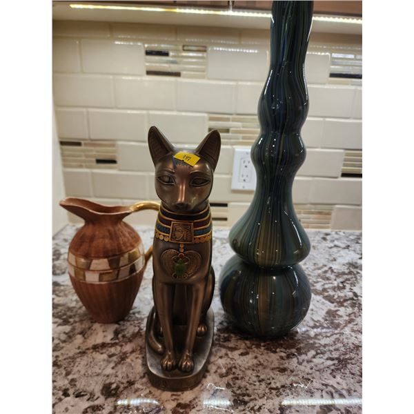 Egyptian Cat Statue and 2 Vases (Green Vase18"T)