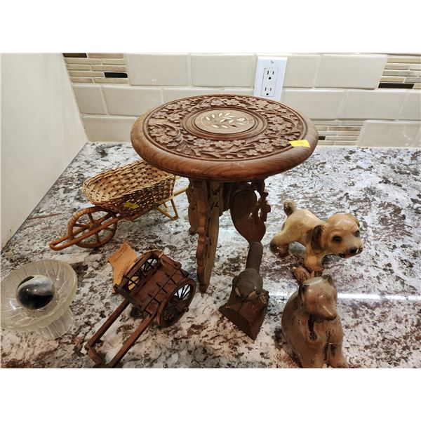 Mini Hand-Carved Ivory Inlaid Table (10"T) and Miscellaneous Vintage Decor