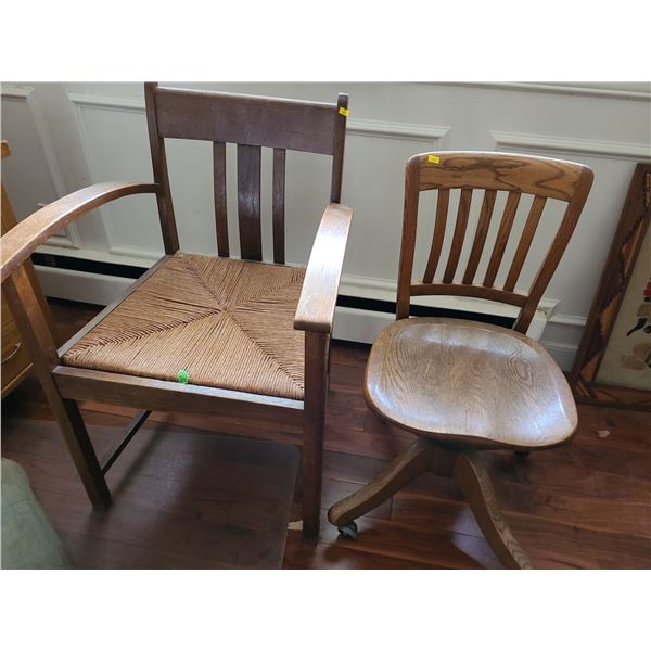 Vintage Wooden Chairs (H.Krug Caster Chair 33"T, 16"W, 15"D) and Desk Chair (34"T, 22"W, 20"D)