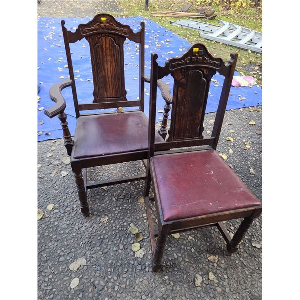Set of 2 Dark Wood Chairs (1 Armchair 38"T 20"W, 16"D, and 1 Sidechair  38"T, 18"W, 16"D)
