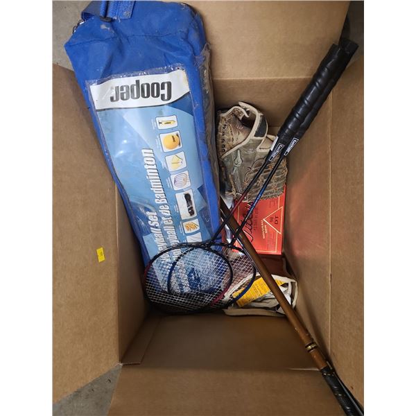 Random Assortment of Sporting Goods (Badminton Net and Racquets, Baseball Mitt, Golf Clubs)