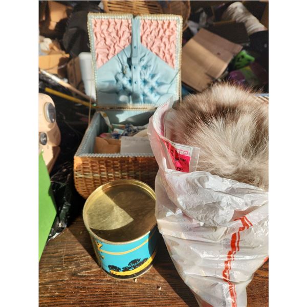 Assorted Sewing Items (Basket, Tin of Buttons and Patterns)