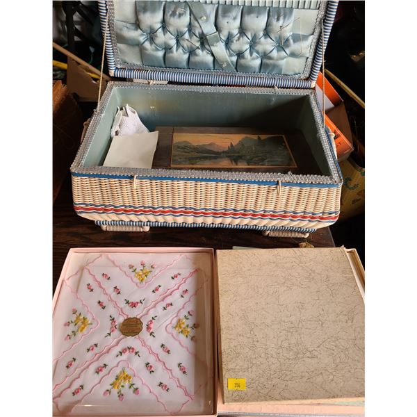 Sewing Basket and Vintage Embroidered Handkerchief