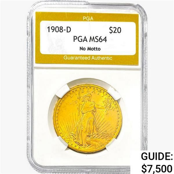 1908-D $20 Gold Double Eagle PGA MS64 No Motto
