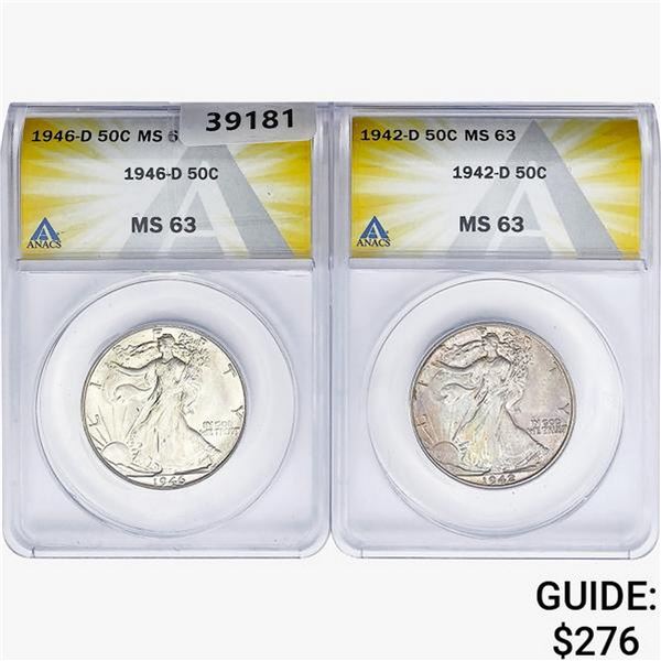 [2] 1942-D&1946-D Walking Liberty Half Dollar ANACS MS63