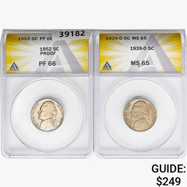 [2] 1939-D&1952 Jefferson Nickel ANACS MS/PF