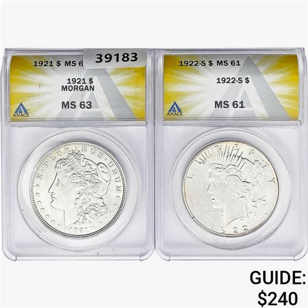 [2] 1921&1922-S Silver Dollars ANACS MS