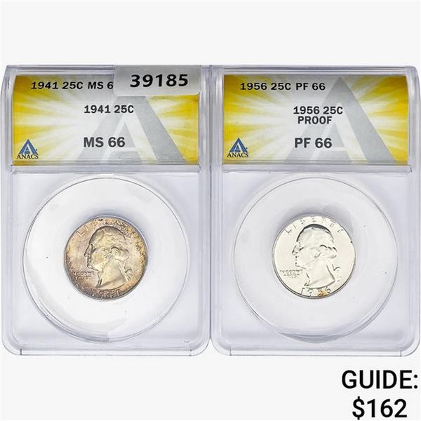 [2] 1941&1956 Washington Silver Quarter ANACS MS/PF66