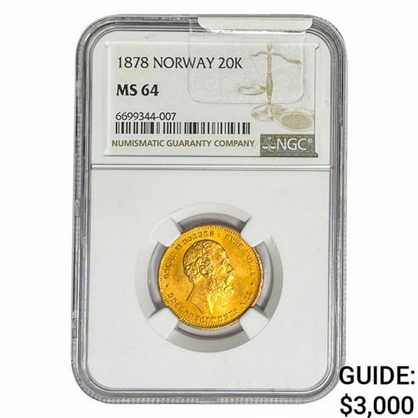 1878 .25oz Gold Norway 20 Kroner NGC MS64