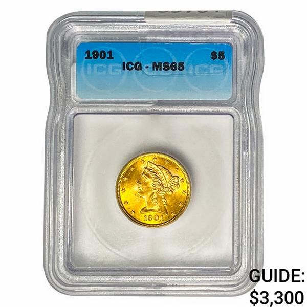 1901 $5 Gold Half Eagle ICG MS65