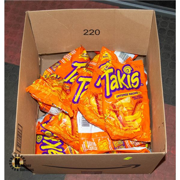 BOX WITH TAKIS INTENSE NACHO ROLLED CHIPS