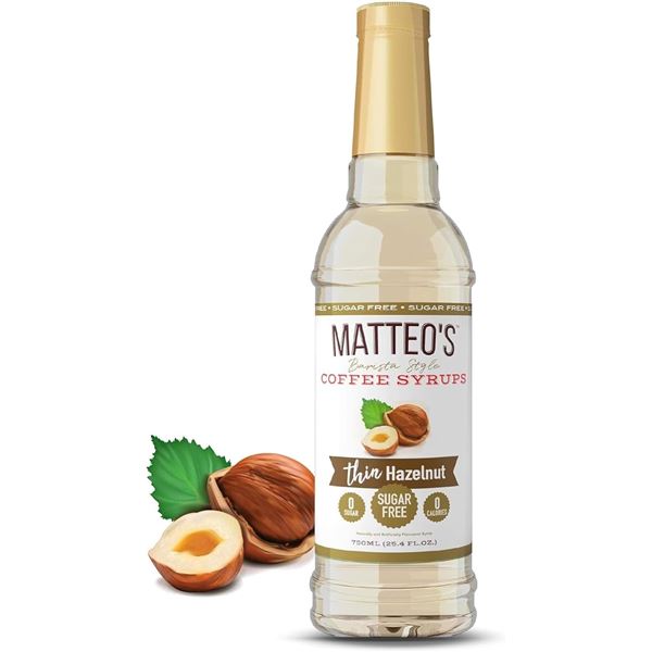 750ML BOTTLE OF MATTEOS THIN HAZELNUT COFFEE SYRUP