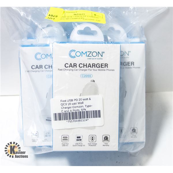 BRAND NEW 5 PACK OF COMZON FAST CAR CHARGERS