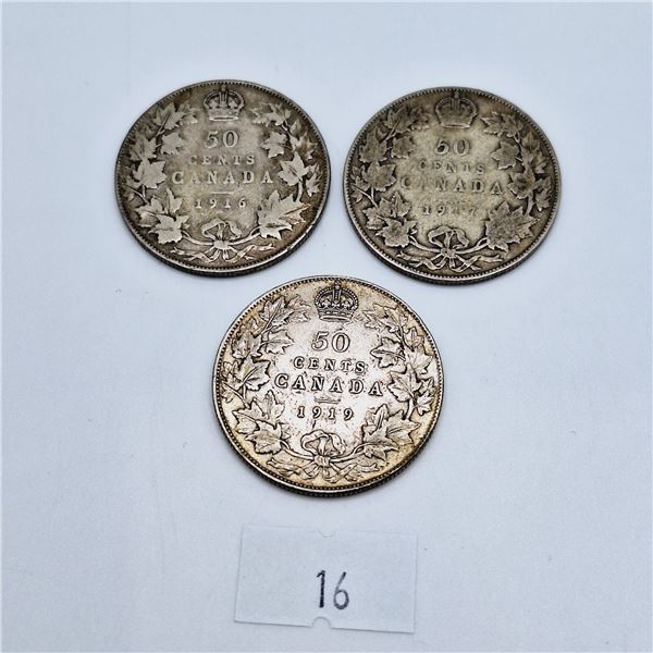 1916, 1917, 1919 Canadian 50 Cent Coins 34.3g 92.5% Silver
