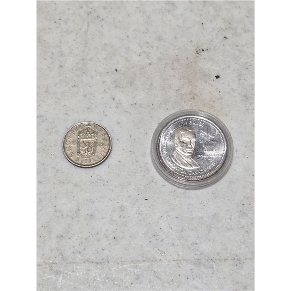 edmonton commonwealth games token and 1 shilling 1958 coin