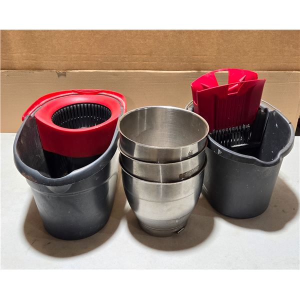 2 mop buckets and 3 mixer bowls