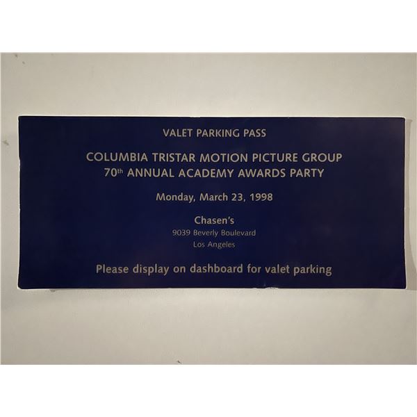 Original 1998 Valet Parking Pass to 70th Annual Academy Awards Party at Chasen's Restaurant