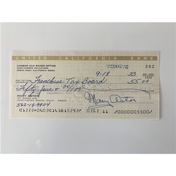 Mary Astor signed check