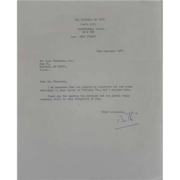 Marquess of Bath signed letter