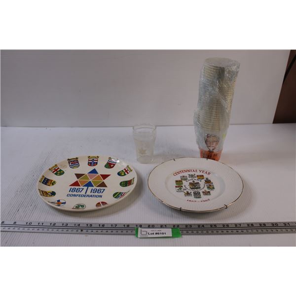 (2) Canada 100 Year Anniversary Decorative Plates and Cup, KFC Cups