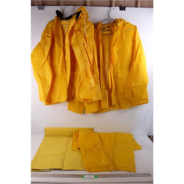 (3) Yellow Rain Hood/ Rain Jackets RainGaurd RainWear, (1) Pair Of Rain Pants