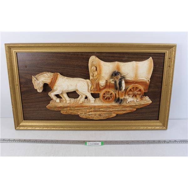 Vintage 3D Horse And Wagon Framed Decor- 31''x 17''