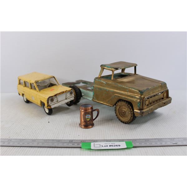 (2) Vintage Diecast Tonka Trucks- Some Damage, Miniature Alberta Souvenir Cup