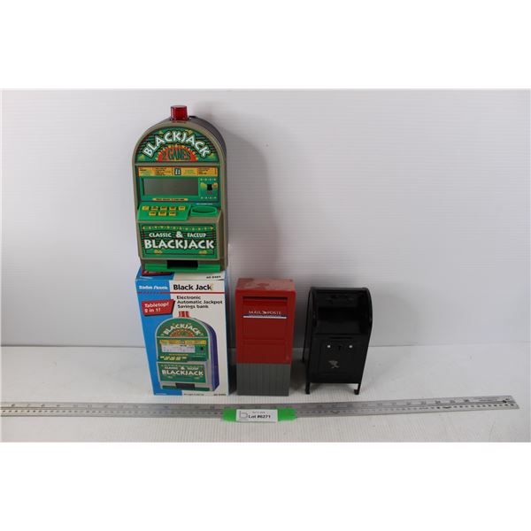 (2) Mail Box Piggy Banks, RadioShack Electronic Automatic Jackpot Savings Bank Video Poker Game w/ B