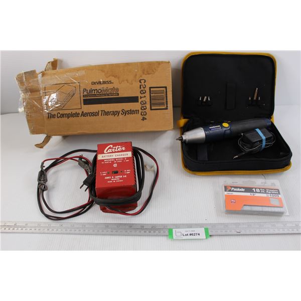 Carter Vintage Battery Charger- As is, 1000 1/2'' Staples, Mastercraft Flexible Drill- As Is, Pluto 