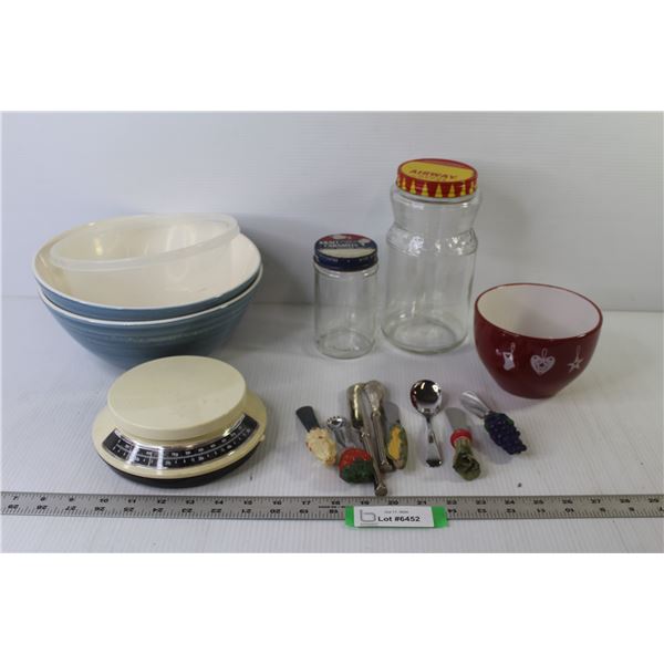(2) Ceramic Mixing Bowls - Scale - Airway Coffee Jar - Kraft Caramel Jar - Sm Butter/Cheese Knives