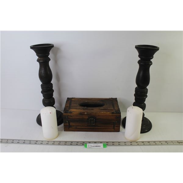 (2) Wooden Candle Holders w/Candles (15" tall) - Wooden Kleenex Box