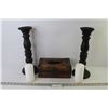 Image 1 : (2) Wooden Candle Holders w/Candles (15" tall) - Wooden Kleenex Box