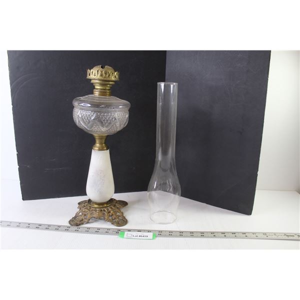Glass & Brass Oil Lamp w/Chimney (bottom glass is broken)
