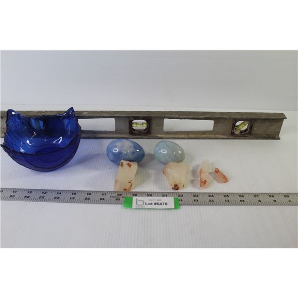 Blue Glass Dish - Potash Pieces - Marble Eggs - 24" Aluminum Level
