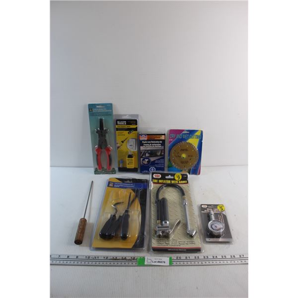 8'' Multi Use Welding Pliers, Coax Explorer Tested, Tire Inflator with Gauge. 5pc Scraper and Remove