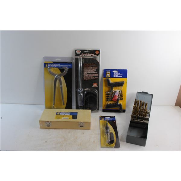 Circuit Testers, Grease and Dust Cap Tool, Forstner & Drill Bit Sets and Pistol Grip Tire Repair Kit