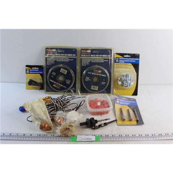 20 pc 4 1/2'' Metal Cut Off Wheel Set, Angled Pole Solenoid Battery Isolator. Tire Valves, Power Ext