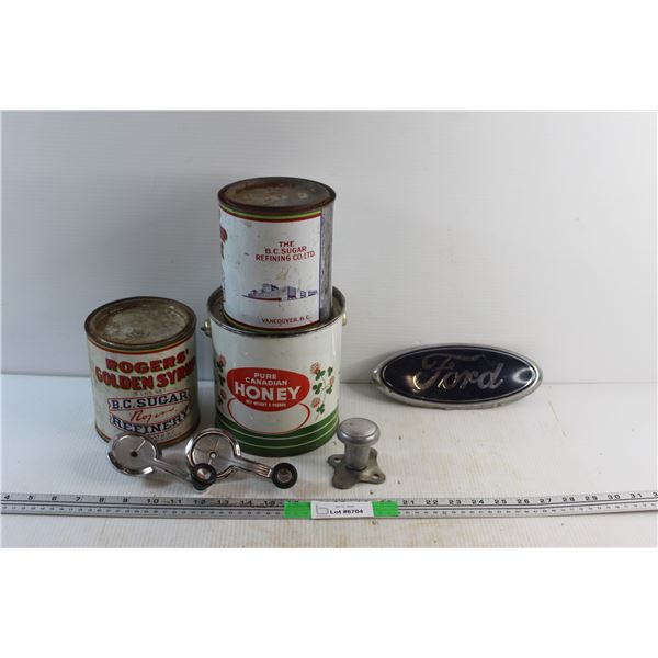 Ford Emblem, Vintage Tins 1 Pair Door Window Crank Handle Set and Door Knob