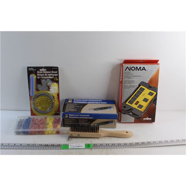Metal Brush, Marrette Set, Drain Cleaner Brush, Digital Laser Tachometer and Noma 8 Outlet Power Bar