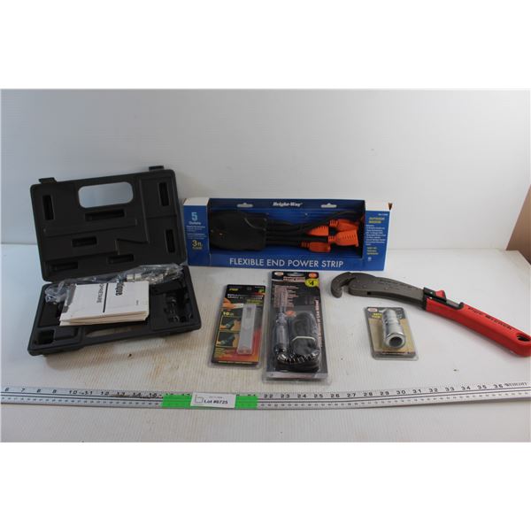 Power Fist Pneumatic Scraper, 5 Outlet Power Strip, Pipe Wrench, Circuit Tester and Assorted Items