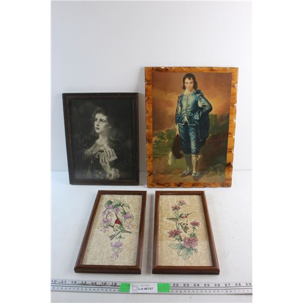 Framed Knitted Floral Art, Framed Portrait Print and  Blue Boy Print