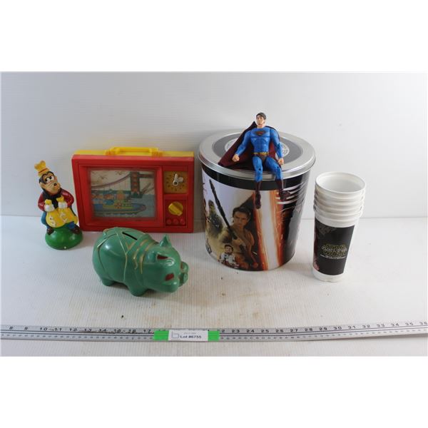 Kids Toy, Superman Figurine, Piggy Banks and Star Wars Cups with Bucket