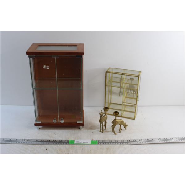 Miniature Display Boxes and Brass Deer Candle Holders