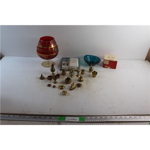 Goblet, Miniature Brass Decorations, Salt & Pepper Shakers, Blue Glass Bowl and Wireless Chime