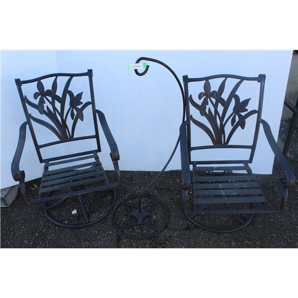 **(2) Outdoor Swivel Rocking Metal Chairs & Hanging Plant Stand