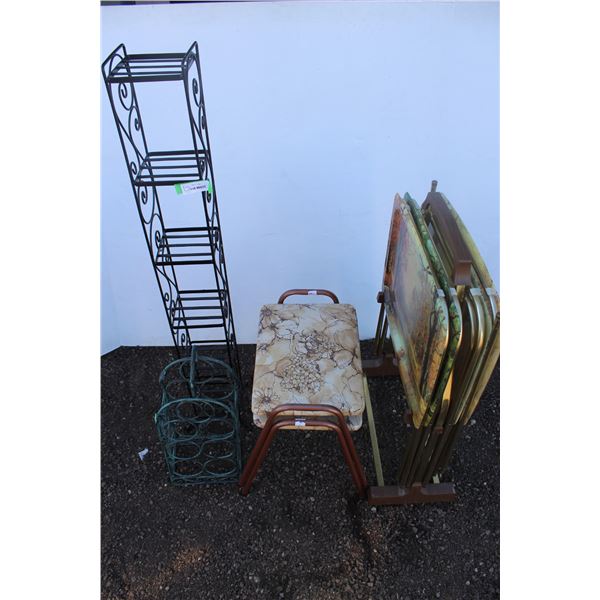 ** Vintage TV Stands w/ Rack & (2) Stacking Stools & Metal Wine Rack & Metal Six Shelf Unit